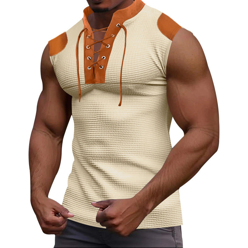 Casual Multicolor Lace-up V-neck Sleeveless T-shirt