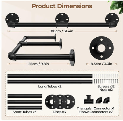 Tienily Industrial Pipe Clothes Rack, Metal Hanging Rails For Clothes, 80cm Clothes Rail Wall Mounted For Bedroom Storage
