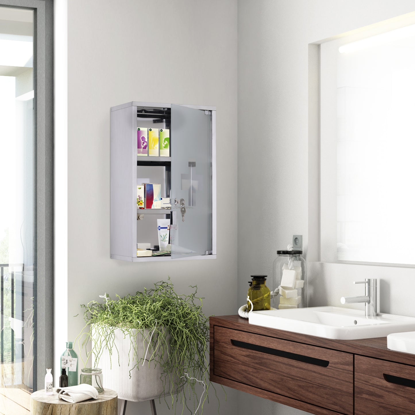 Medicine Cabinet Lockable 12x20, Stainless Steel, 3 Tier With Shelves For Bathroom Storage
