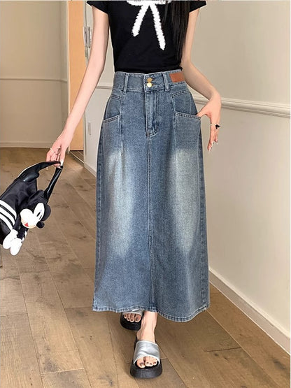 Retro Denim Skirt For Women Summer High Waist Back Slit Medium Long Slim A-line Skirt