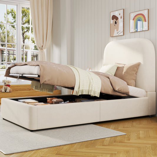Upholstered Bed, Single Bed, Children's Bed, 3ft-90 X 190cm, Hydraulic Bed, Bed With Headboard And Large Storage Space, Upholstered Headboard, Velvet, Beige