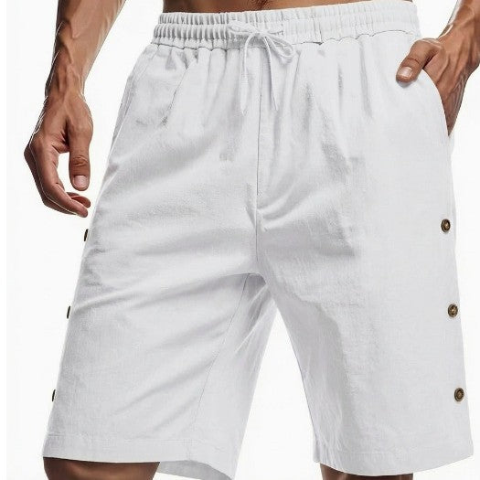 Solid-color Mens Loose-fit American-style Cotton-linen Beach Casual Shorts With Buttons