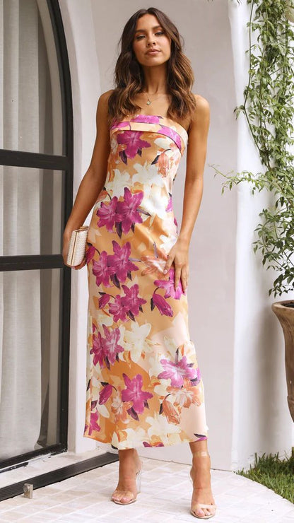 Summer Tube Top Long Dress With Backless Design INS Fashion Flowers Print Party Evening Dresses For Women