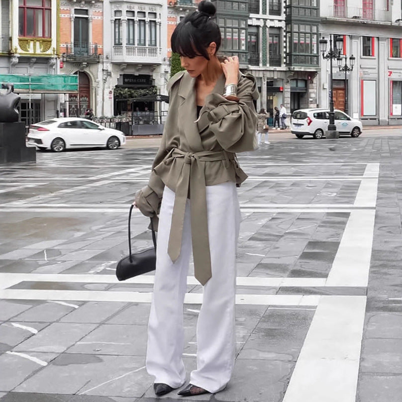 Women's Large Lapel Lace-up Trench Coat Fashionable Jacket
