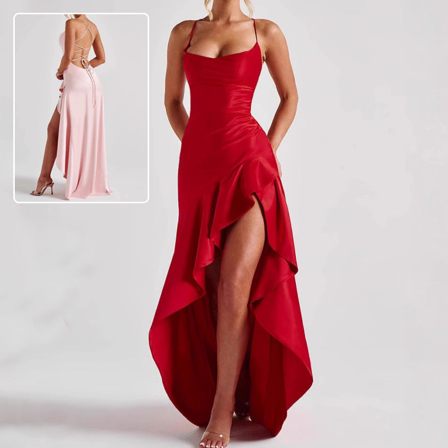 Women's Backless Ruffles Irregular Dress Summer Fashion Evening Party Club Split Suspender Maxi Dresses Clothing