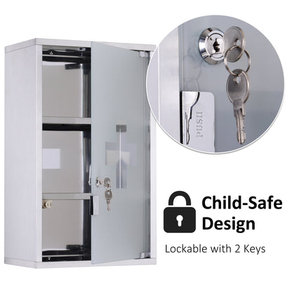 Medicine Cabinet Lockable 12x20, Stainless Steel, 3 Tier With Shelves For Bathroom Storage