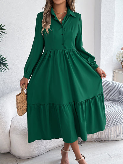 Women's Lapel Casual Loose Long Sleeve Ruffled Shirt Dresses Long Sleeved Turn-down Collar Single-Breasted Dress Spring Autumn Fashion Women's Clothing For Vacation