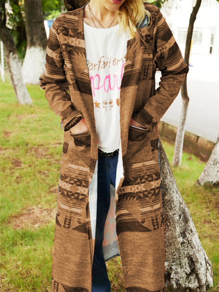 Geometric Print Cardigan Thickened Large Size Slim And Long Trench Coat
