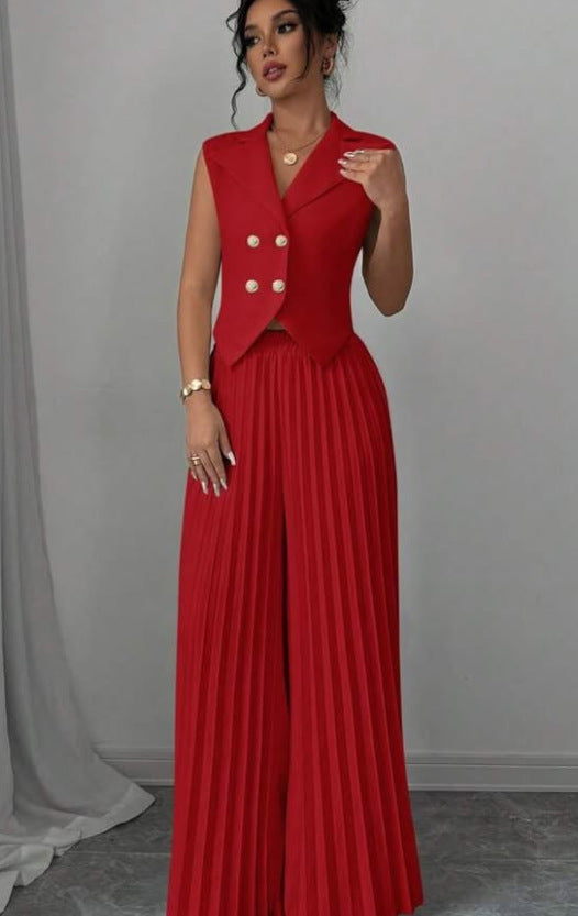 Summer Sleeveless Suit Fashion Lapel Button Vest Top And Pleated Straight Pants Women's Trousers Set Clothing