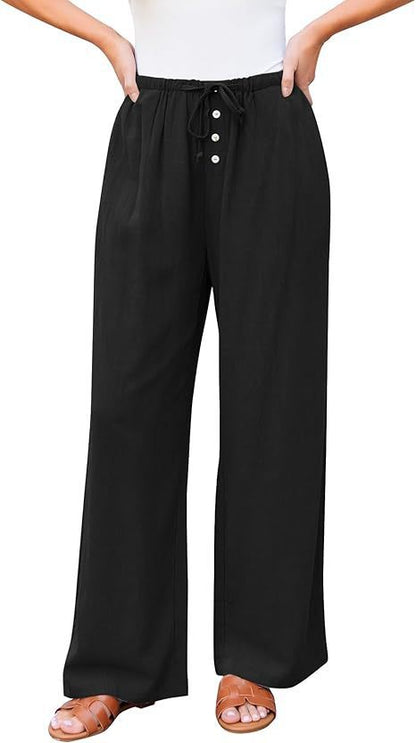 High Waist Button Drawstring Loose Casual Summer Wide-leg Pants With Pockets