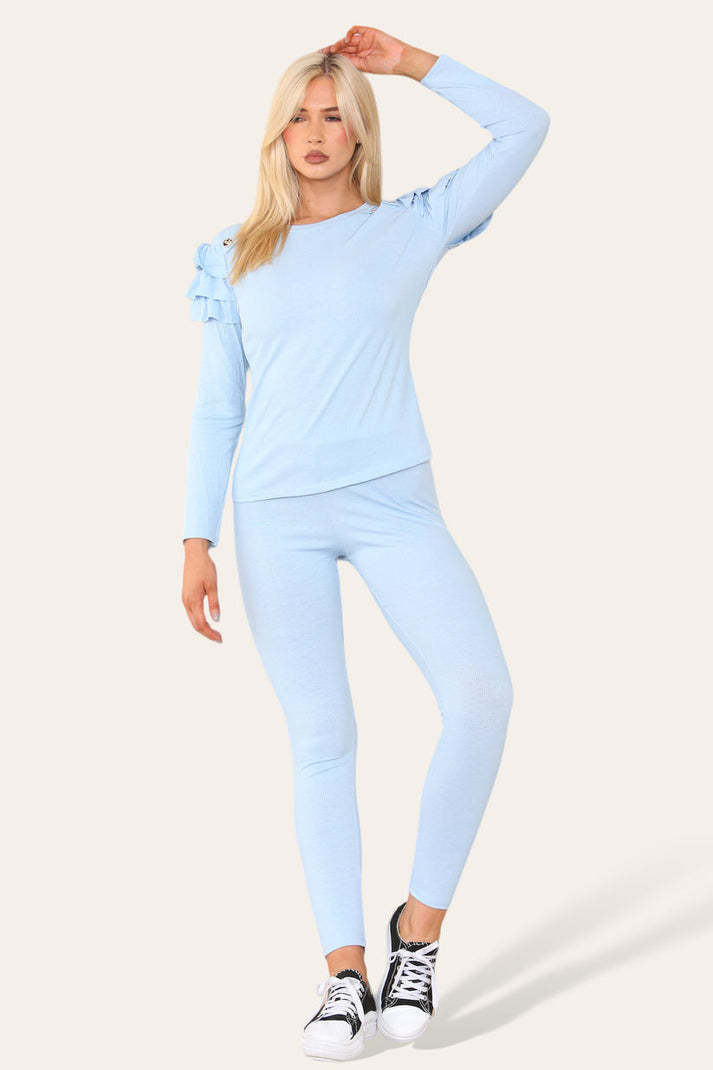 Frilled Sleeves Set Shoulder Golden Button Lounge Wear Suit