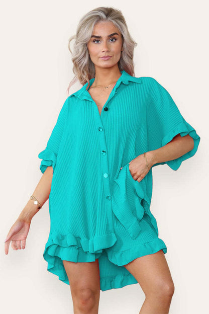Women Casual Oversized Gold Button Pleated Frilled Ruffle Short Sleeves Shirt Top And Short Co Ord Set