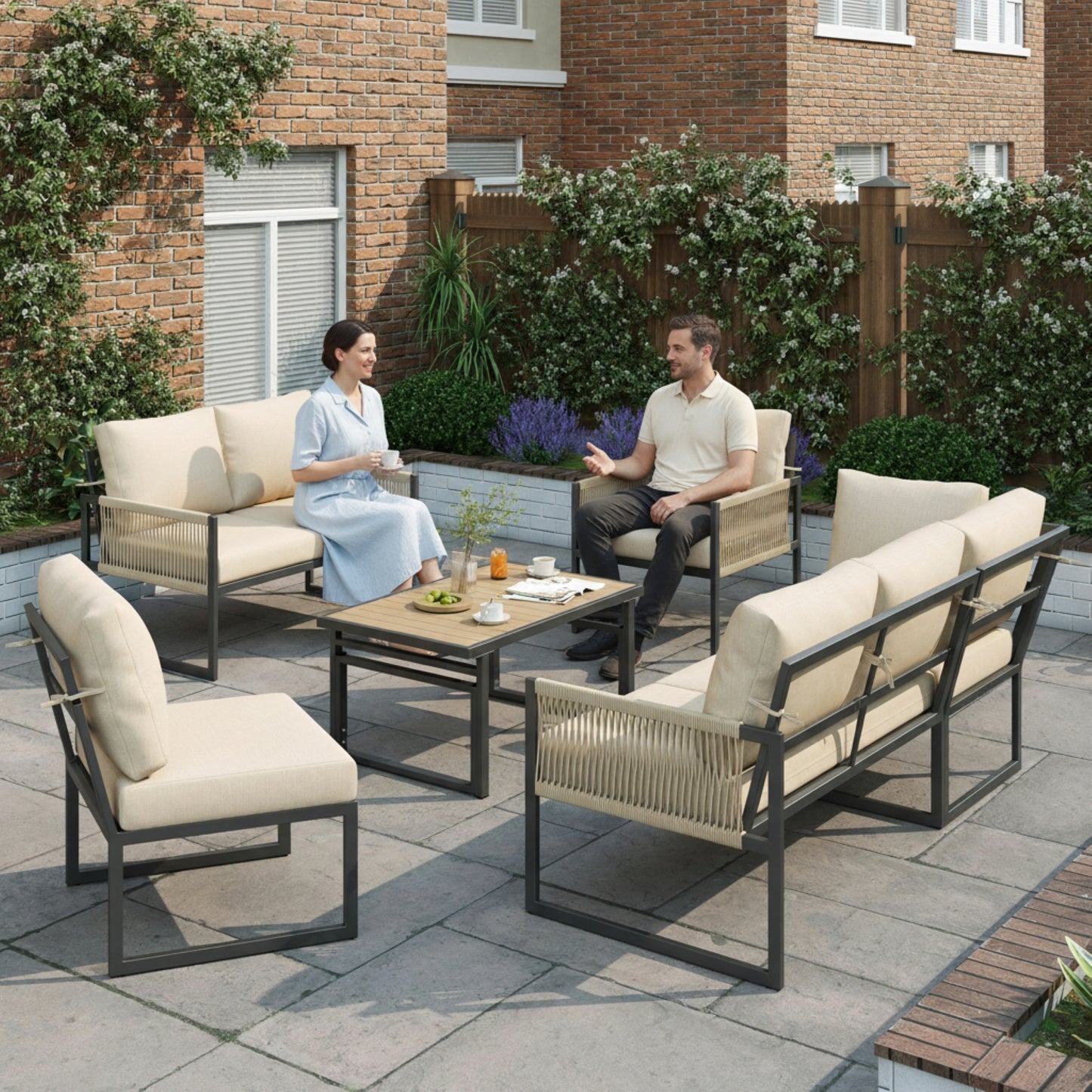 6-7 Seater Garden Furniture Set With Height Adjustable Rising Coffee Table, Corner Sofa With Polyester Rope, Weatherproof Outdoor Patio Dining Lounge Set For Balcony And Terrace, Beige