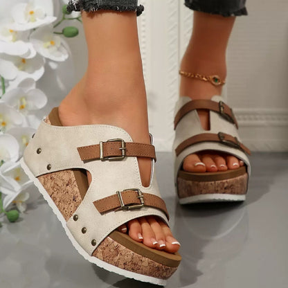 Ins Buckle Wedges Sandals Summer Fish Mouth Thick High Heel Slides Slippers Outdoor Fashion Beach Roman Shoes For Women