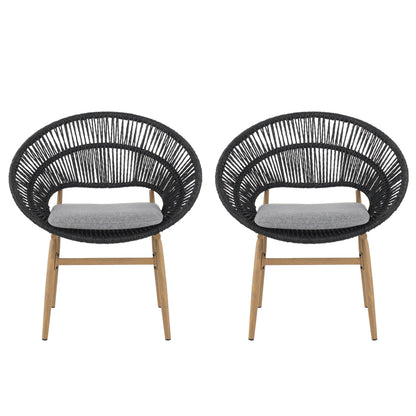 Cyril Outdoor Wicker Papasan Style Dining Chair, Teak Finished Leg And Dark Gray Faux Rattan, Gray Cushion, Set Of 2