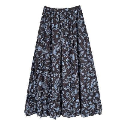 Vintage Floral Women's Summer Loose Pleated High Waist Drooping A- Line Umbrella Skirt