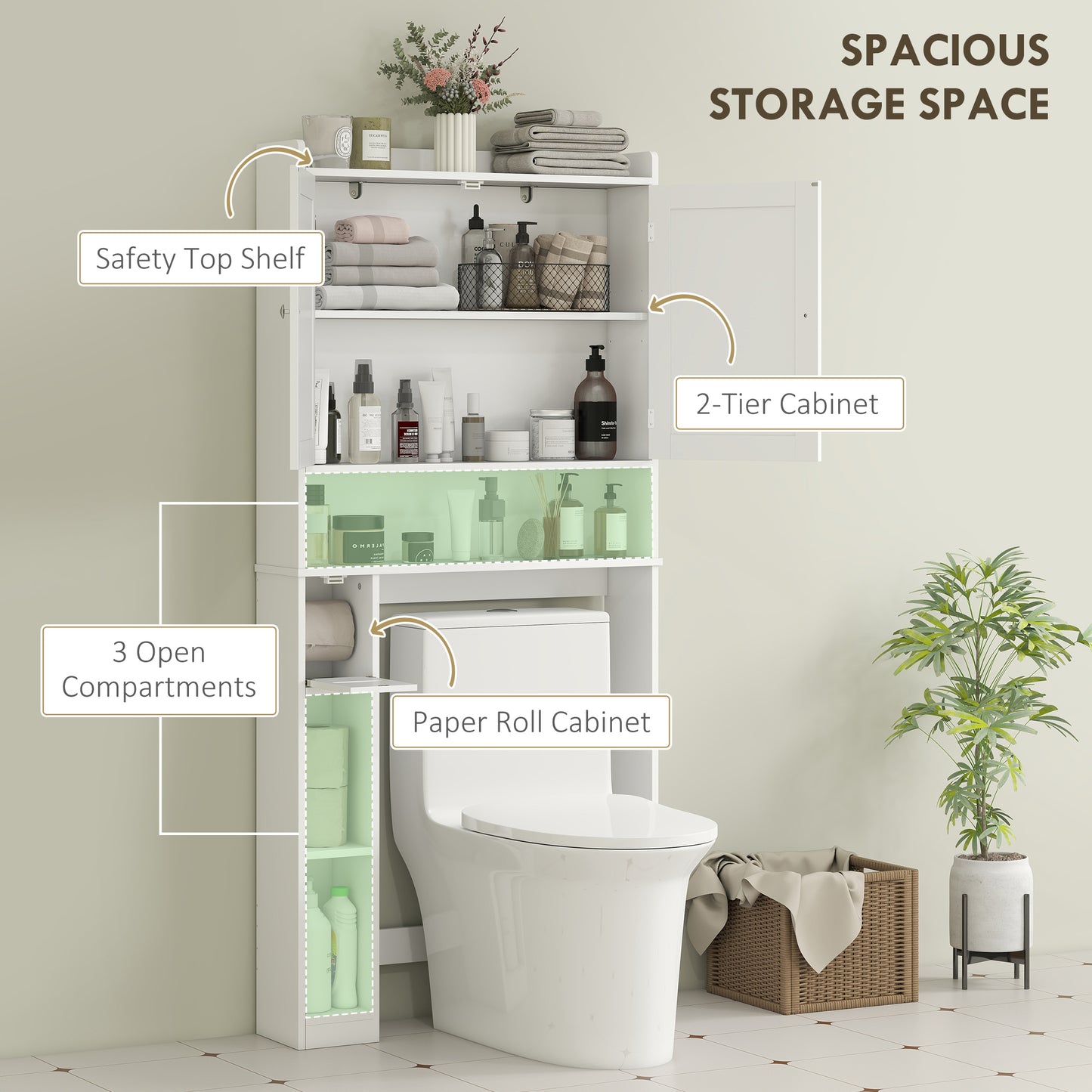 Modern Over The Toilet Storage Cabinet With 2 Doors, Above Commode Storage Cabinet With Toilet Paper Holder, White