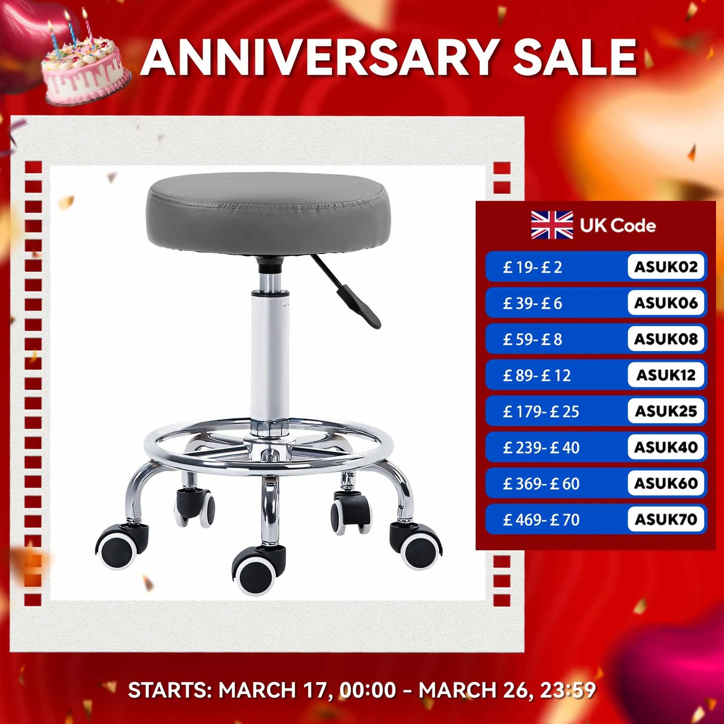 Vinsetto Round PU leather Salon Beautician Stool Adjustable Height w/ Footrest