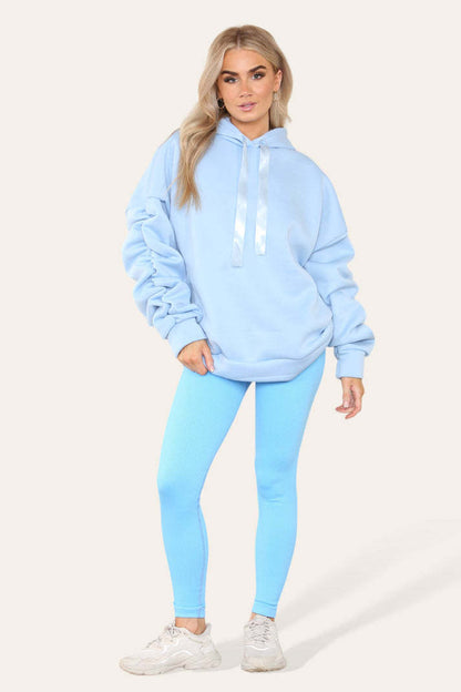 Oversized Ruched Sleeves Hoodie With Satin Ribbon With High Waist High Rise Seamless Ribbed Legging Set