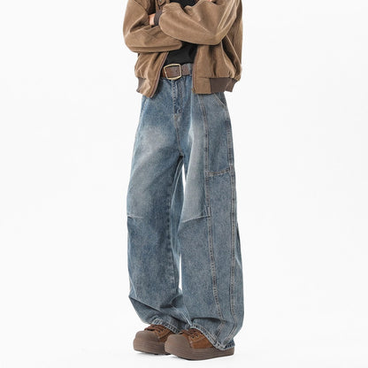 Retro Pleated Washed Denim Jeans Mens Straight-Leg Loose-Fit
