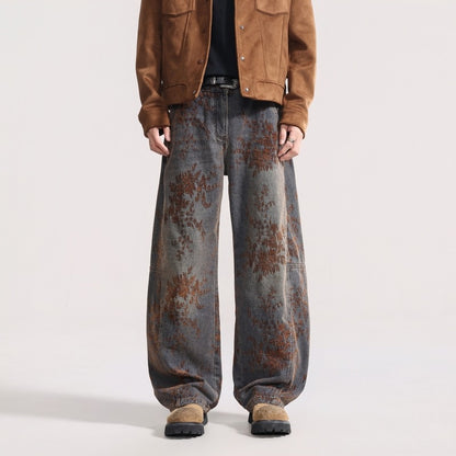 American-style Vintage Jacquard Flocking Embroidered Fleece-lined Jeans