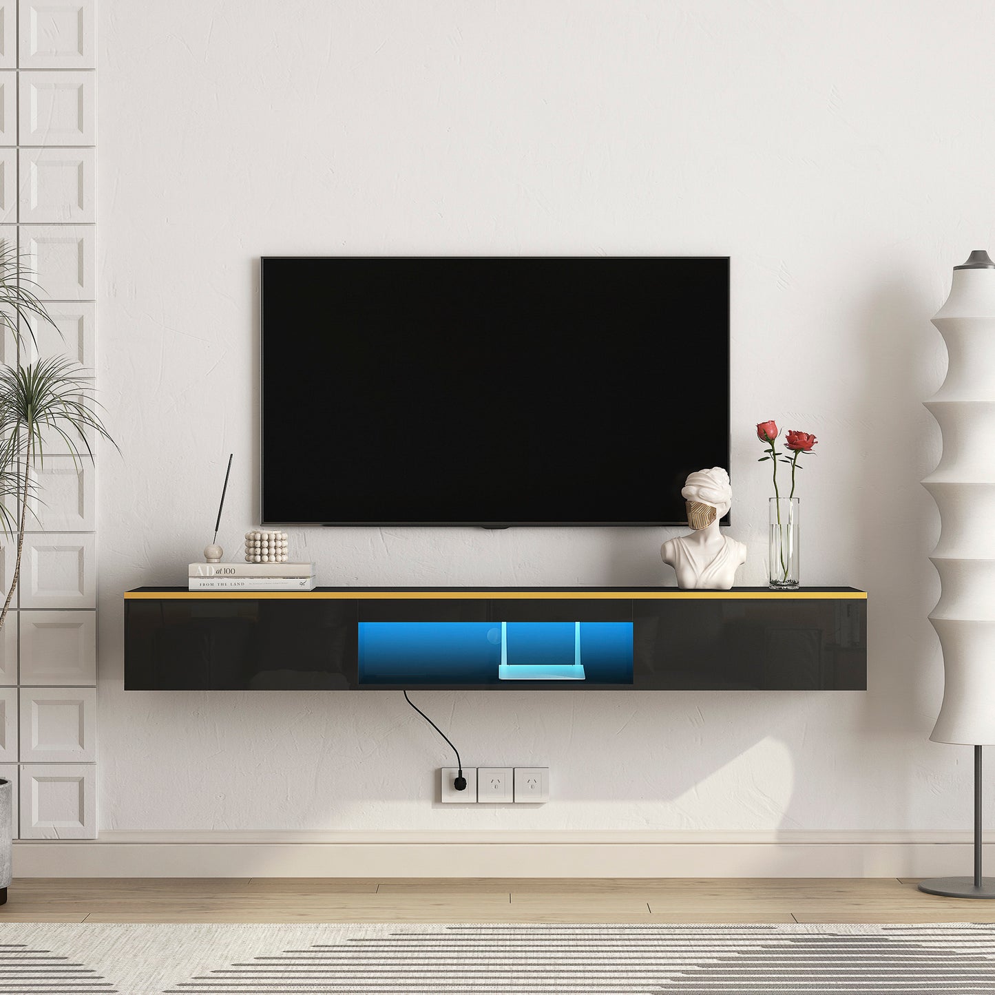 Floating TV Stand Wall Mounted With 16 Color LEDs,Modern TV Stand, Floating TV Cabinet Entertainment Center For 55 60 65 Inch TV,Black