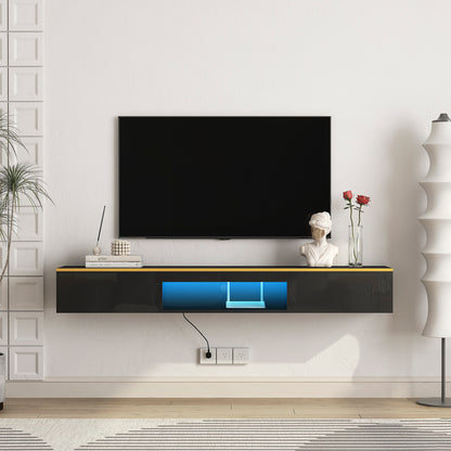 Floating TV Stand Wall Mounted With 16 Color LEDs,Modern TV Stand, Floating TV Cabinet Entertainment Center For 55 60 65 Inch TV,Black