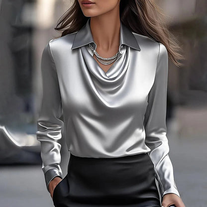 Women's Swing Collar Draped Shirts & Blouses Elegant Solid Satin Office Ladies Top Pullover Spring Long Sleeve Casual Tops