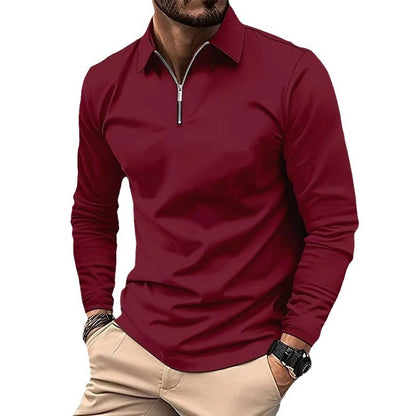 Zipper Men's Solid Color Long Sleeve Sports Polo Shirt