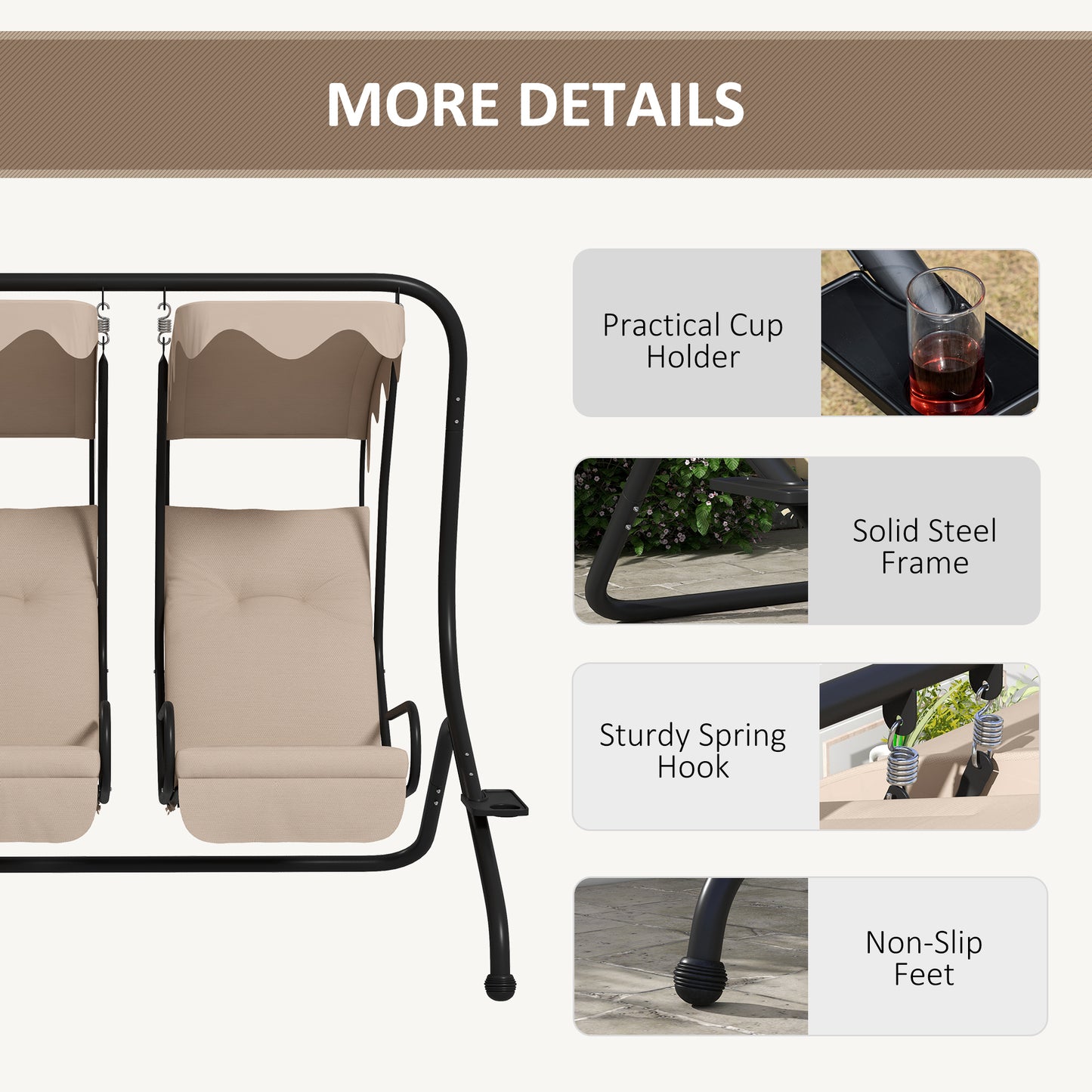 2-Seater Outdoor Porch Swing with Canopy, Patio Swing Chair for Garden, Poolside, Backyard, Beige
