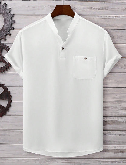 Mens Casual Short-sleeve Solid-color Shirt With A Turn-down Collar