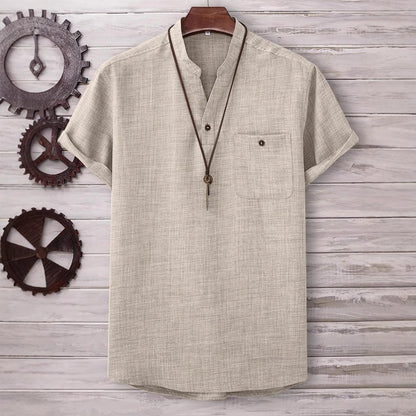 Mens Casual Short-sleeve Solid-color Shirt With A Turn-down Collar