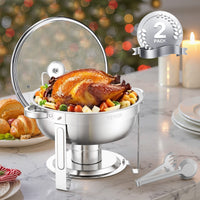 5 Qt 2 Pack Round Chafing Dish Buffet Set Full-Size Pan Stainless Steel Silver