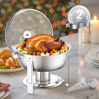 5 Qt 2 Pack Round Chafing Dish Buffet Set Full-Size Pan Stainless Steel Silver