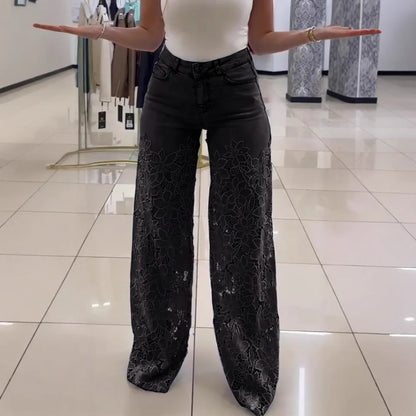 Y2K Lace Flowers Hollow Jeans Fashion High Waist Straight Wide Leg Pants Solid Color Trousers Women's Clothing