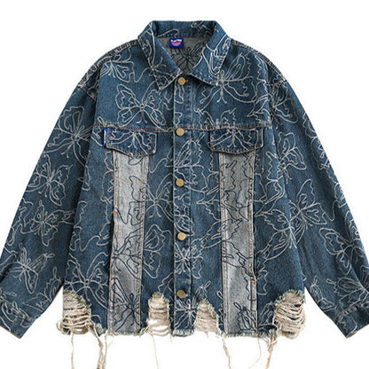 Japanese-style Vintage Washed Frayed-edge Distressed Denim Jacket