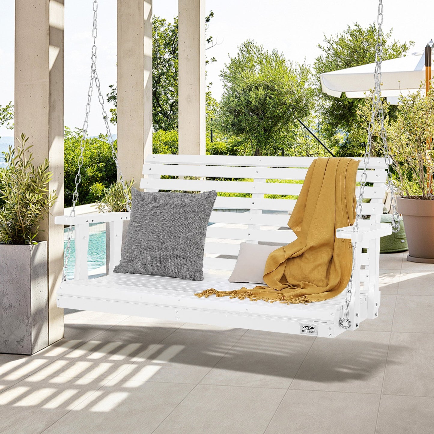 Wooden Porch Swing 4 Ft, Patio Bench Swing For Courtyard & Garden, Upgraded 880 Lbs Strong Load Capacity, Heavy Duty Swing Chair Bench With Hanging Chains For Outdoors, White