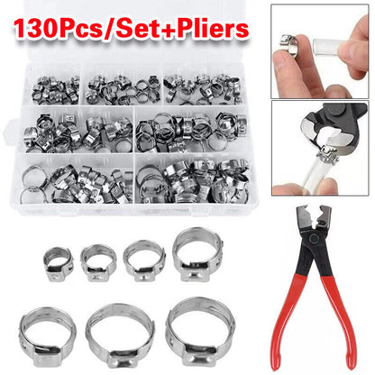 130x Single Ear Hose Clamps Assorted Stainless Steel O Fuel Pipe Clip Hose Plier