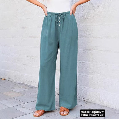 High Waist Button Drawstring Loose Casual Summer Wide-leg Pants With Pockets