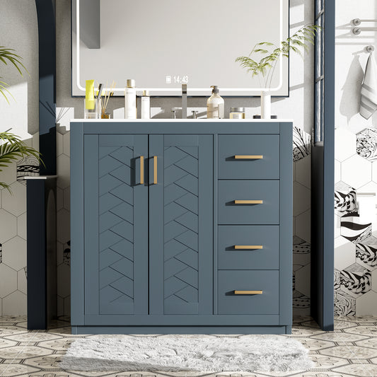 36'' Bathroom Vanity With Ceramic Sink Combo, Solid Wood Frame Bathroom Storage Cabinet, Freestanding Vanity Set With 3 Drawers& Soft Closing Doors