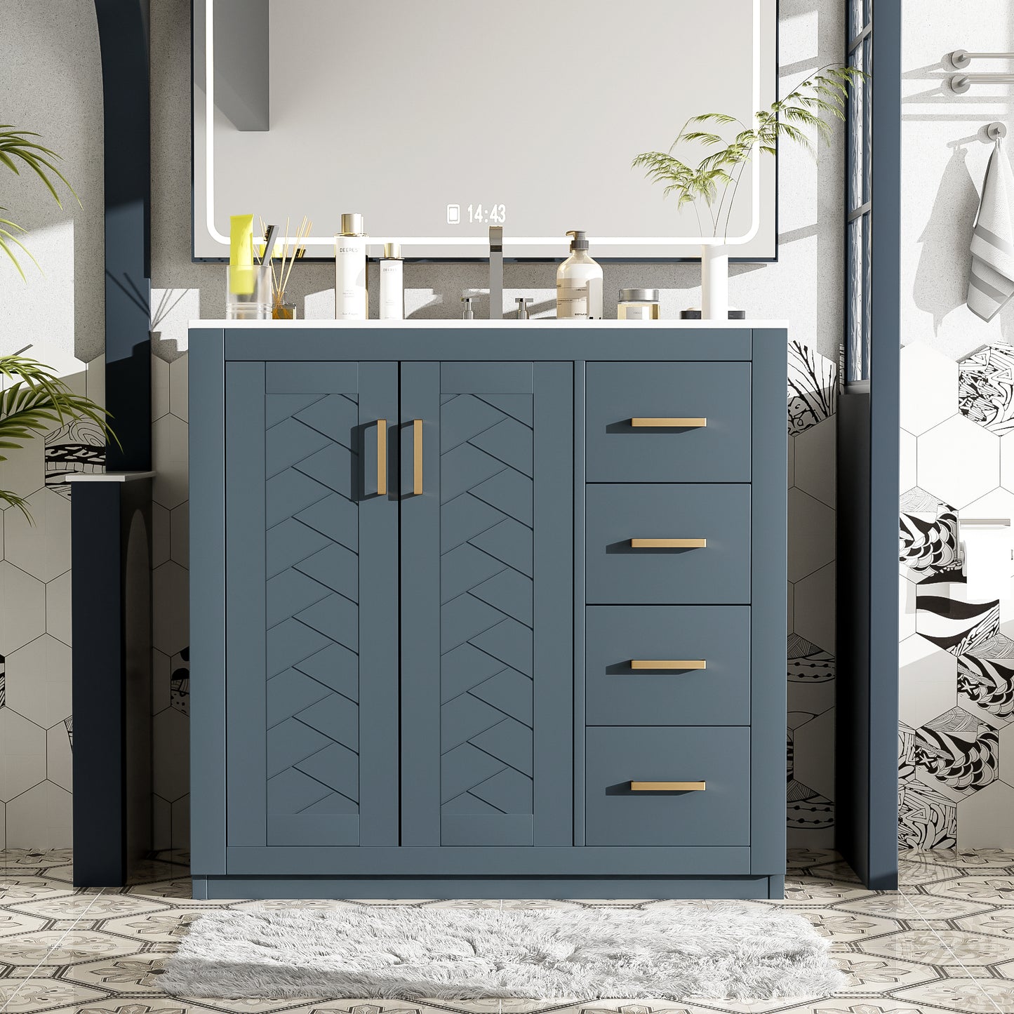 36'' Bathroom Vanity With Ceramic Sink Combo, Solid Wood Frame Bathroom Storage Cabinet, Freestanding Vanity Set With 3 Drawers& Soft Closing Doors