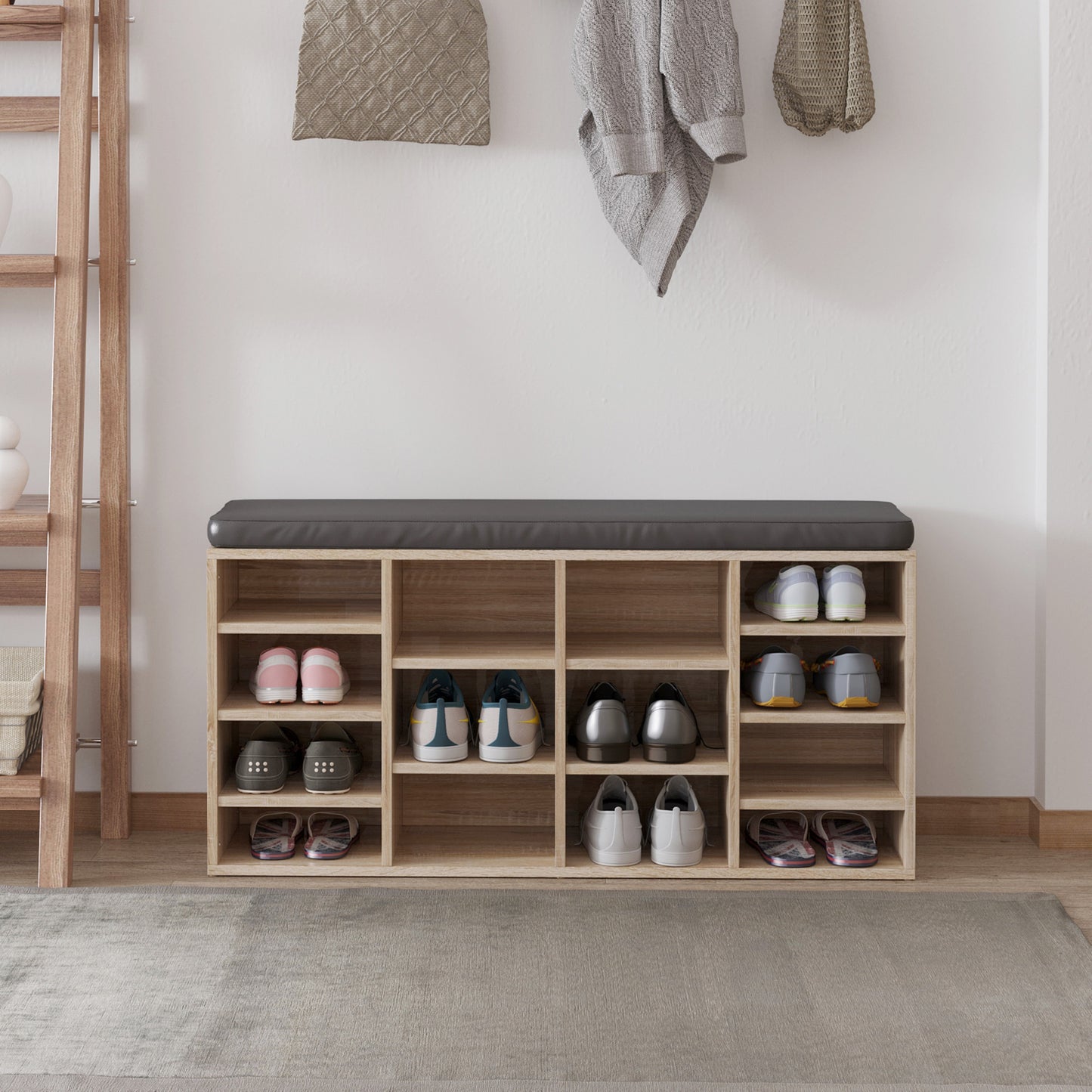 Multi-Storage Shoe Rack W/ 14 Compartments Cushion Moving Shelves Solid Frame Foot Pads Home Office Tidy Organisation Boots Trainers Brown