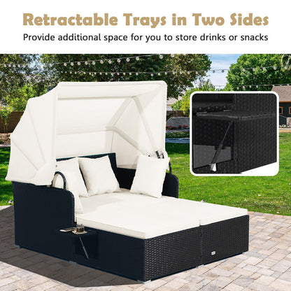 Patio Rattan Daybed With Retractable Canopy And Side Tables