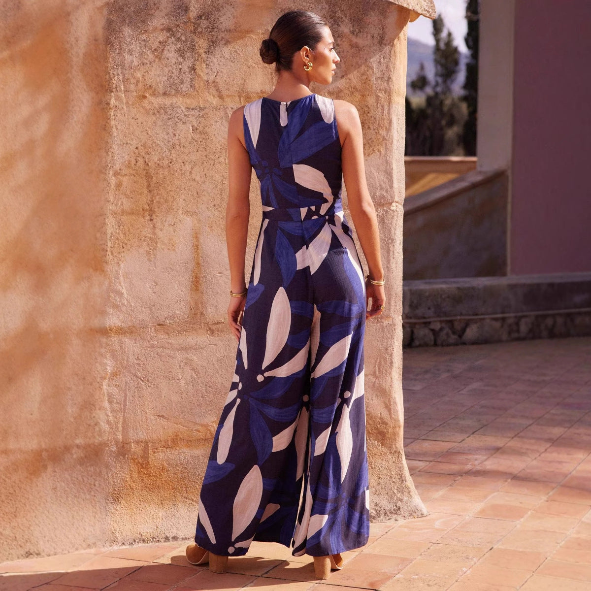 Fashion Round Neck Printed Waist-controlled Jumpsuit Women