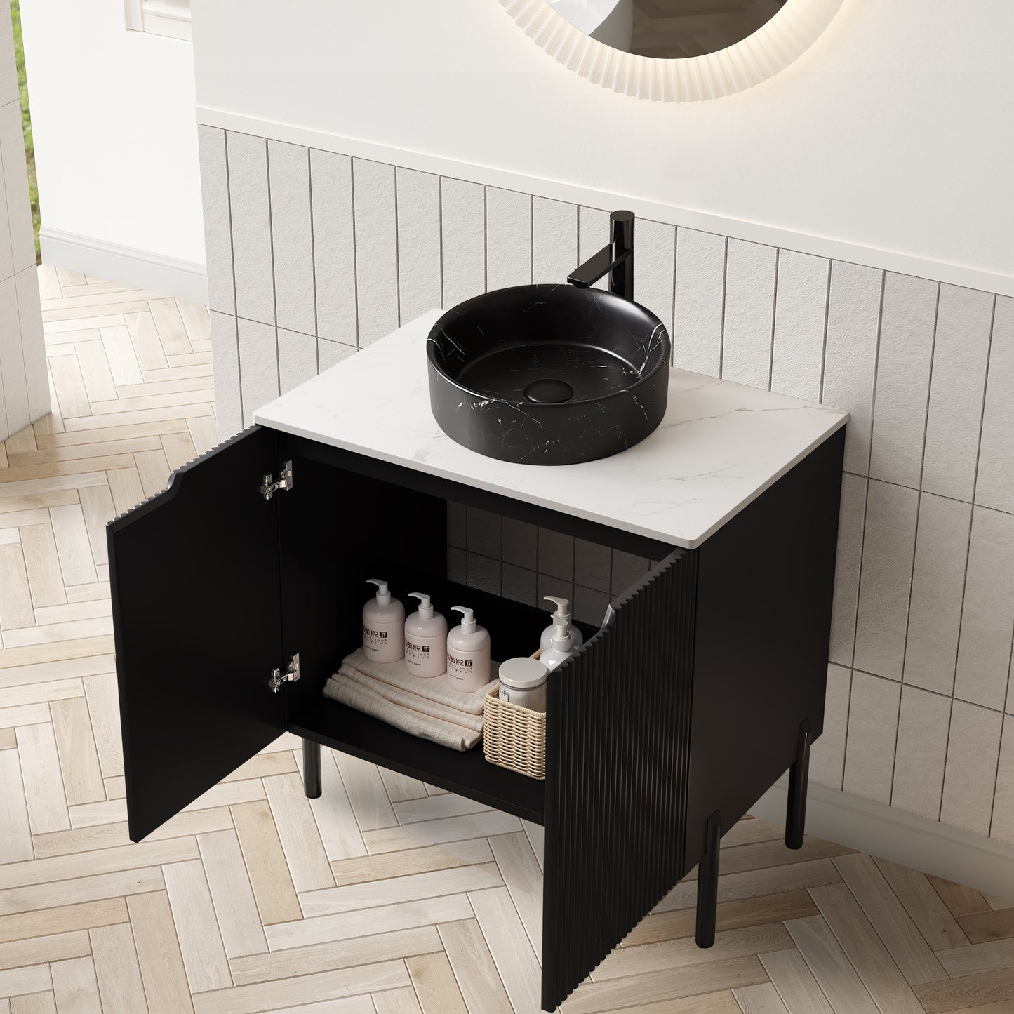 TURIO 24 Bathroom Vanity With Sink, Freestanding Bathroom Storage Cabinet With 2 Doors, Black Round Ceramic Basin With Stone Pattern & Carrara White Sintered Stone Countertop, No Faucet, Black Color
