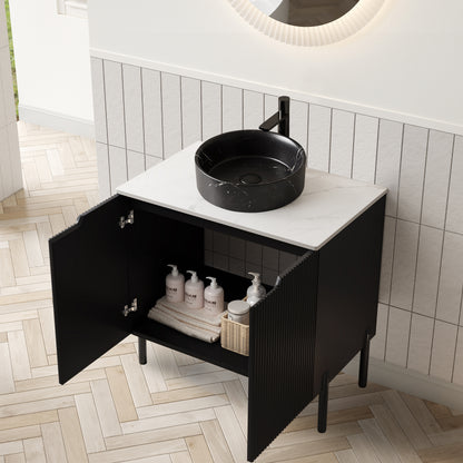 TURIO 24 Bathroom Vanity With Sink, Freestanding Bathroom Storage Cabinet With 2 Doors, Black Round Ceramic Basin With Stone Pattern & Carrara White Sintered Stone Countertop, No Faucet, Black Color