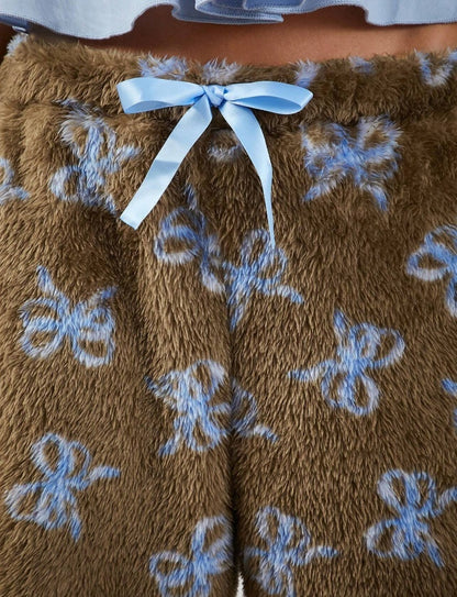 Blue Bow Patterned Wide Leg Pants