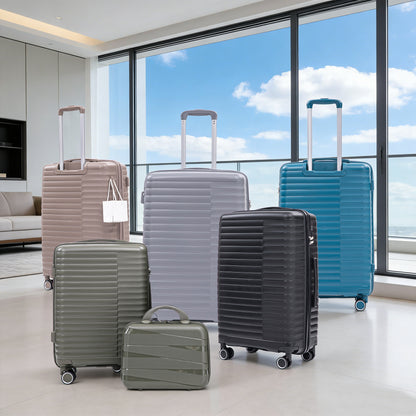 14  20  24  28   4 Pcs  Set In PP Spinner Wheel Luggage, Carry On Suitcase, Iron Pull Rod, Combination Password Lock, 14 Cosmetic Case  Green
