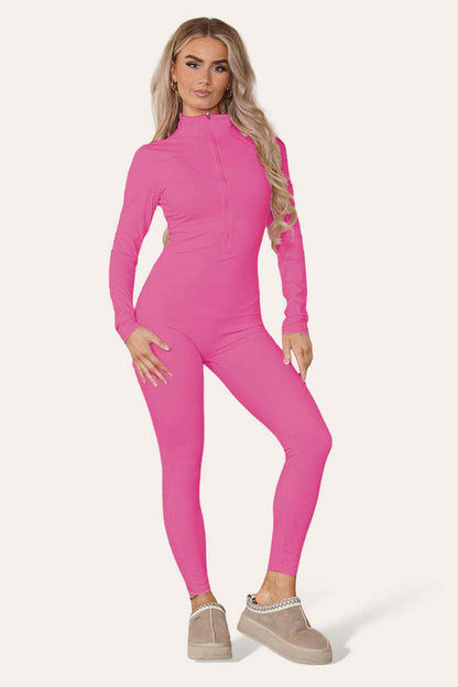 Ribbed High Neck Zipper Collar Jumpsuit Front Unitard Set