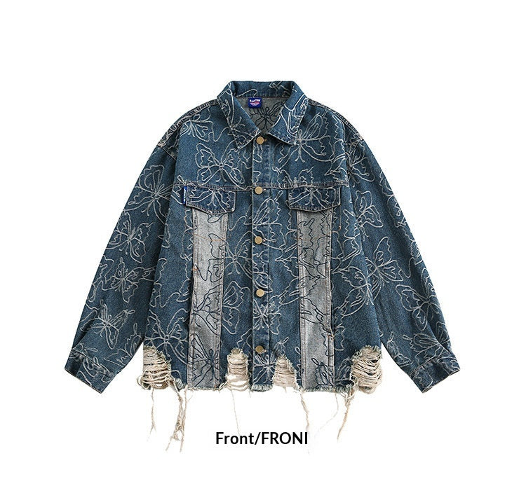 Japanese-style Vintage Washed Frayed-edge Distressed Denim Jacket
